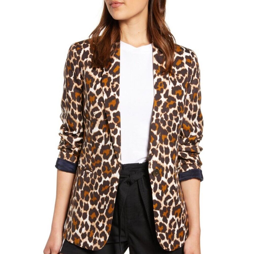 J Crew Parke Blazer Womens Size 2 Linen Blend Leopard Animal Print Jacket Career